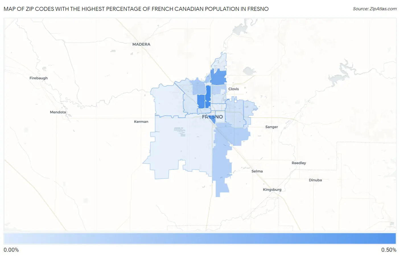 Zip Codes with the Highest Percentage of French Canadian Population in Fresno Map
