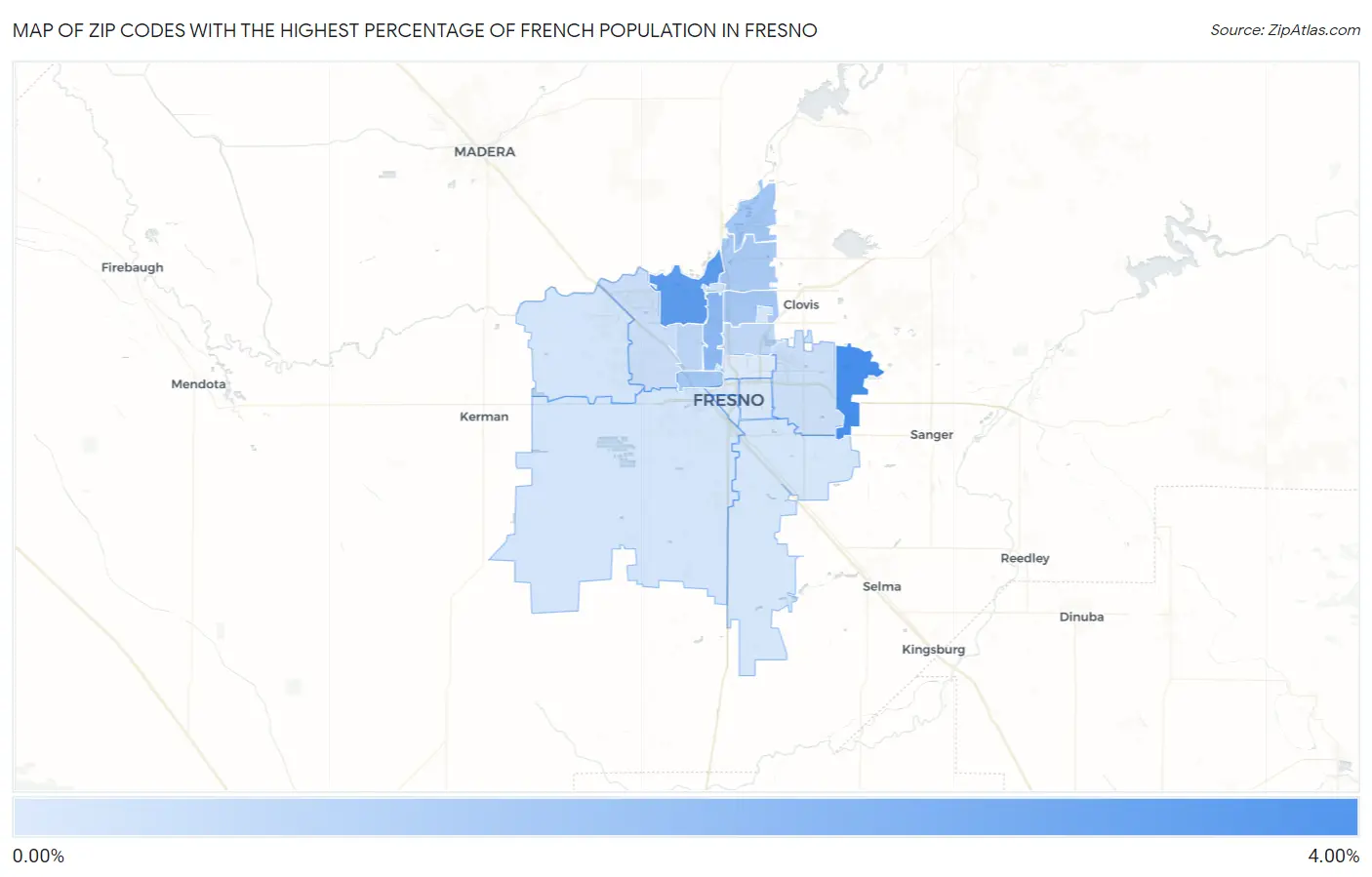 Zip Codes with the Highest Percentage of French Population in Fresno Map