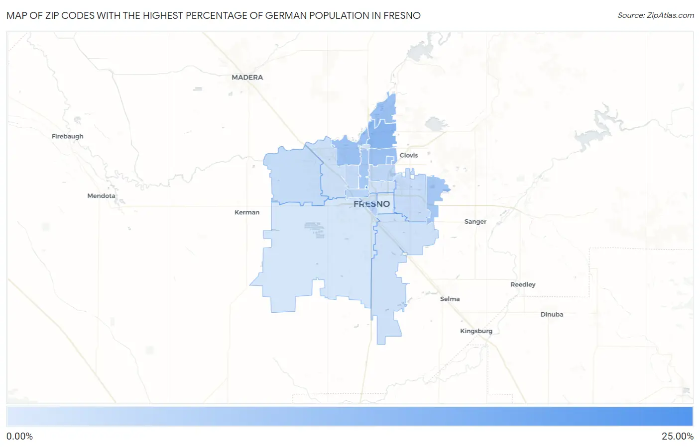 Zip Codes with the Highest Percentage of German Population in Fresno Map