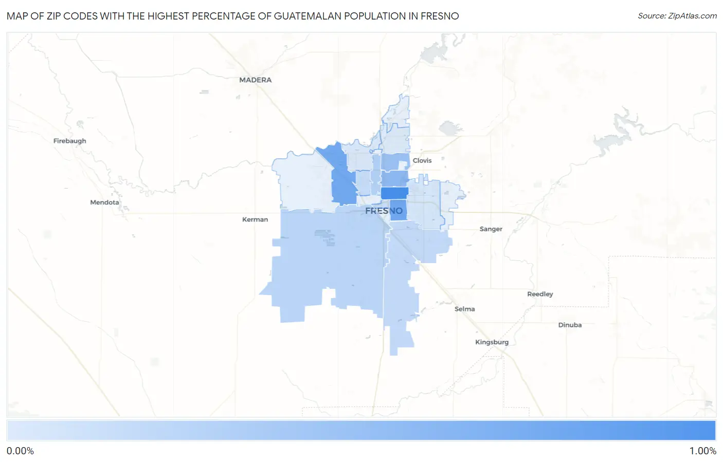 Zip Codes with the Highest Percentage of Guatemalan Population in Fresno Map