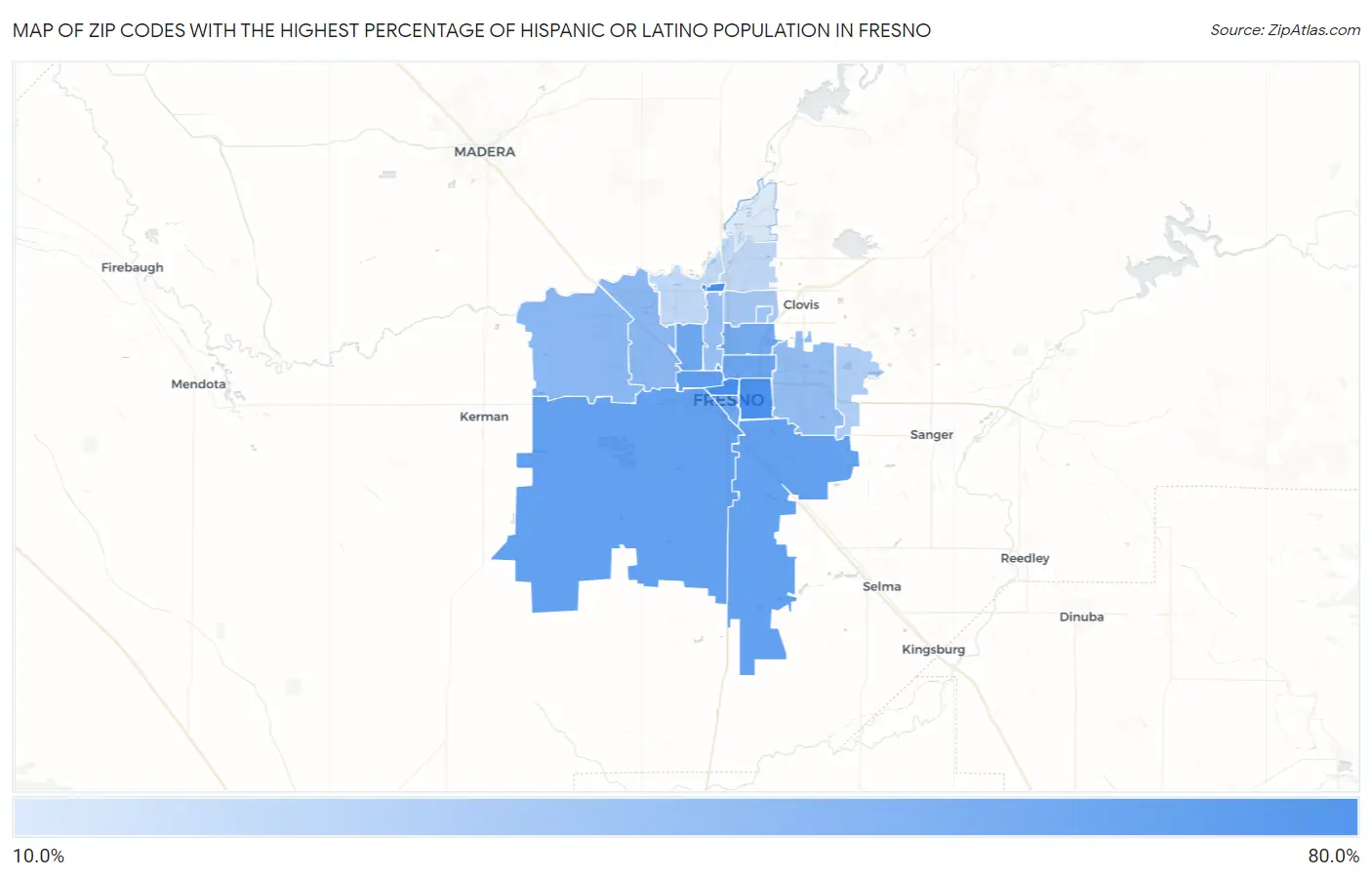 Zip Codes with the Highest Percentage of Hispanic or Latino Population in Fresno Map