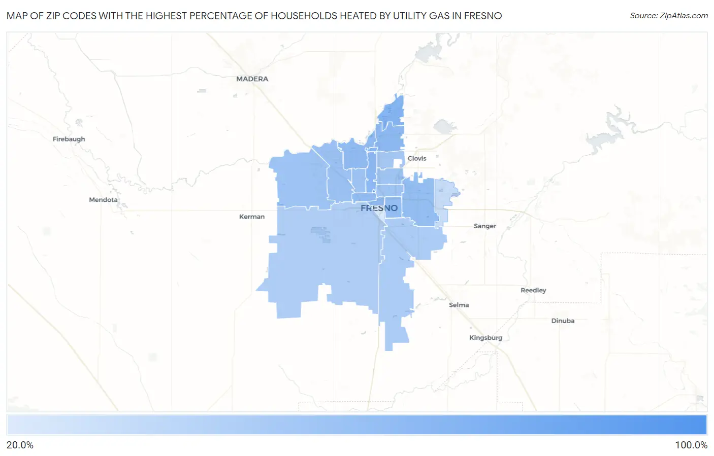 Zip Codes with the Highest Percentage of Households Heated by Utility Gas in Fresno Map