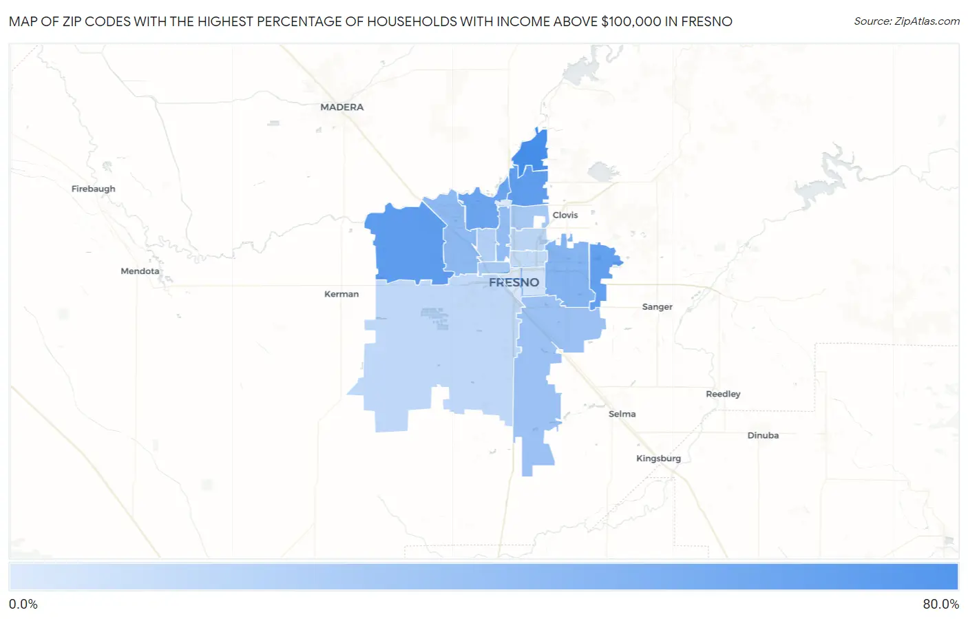 Zip Codes with the Highest Percentage of Households with Income Above $100,000 in Fresno Map