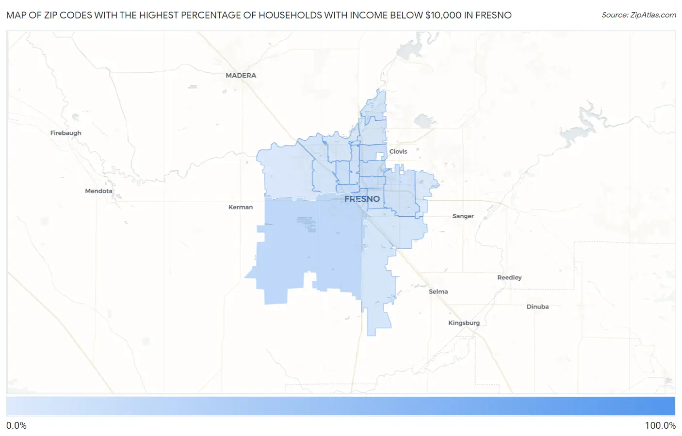 Zip Codes with the Highest Percentage of Households with Income Below $10,000 in Fresno Map