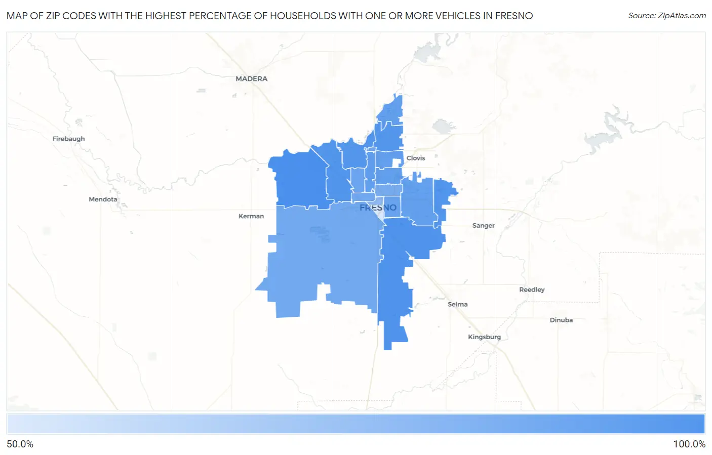 Zip Codes with the Highest Percentage of Households With One or more Vehicles in Fresno Map