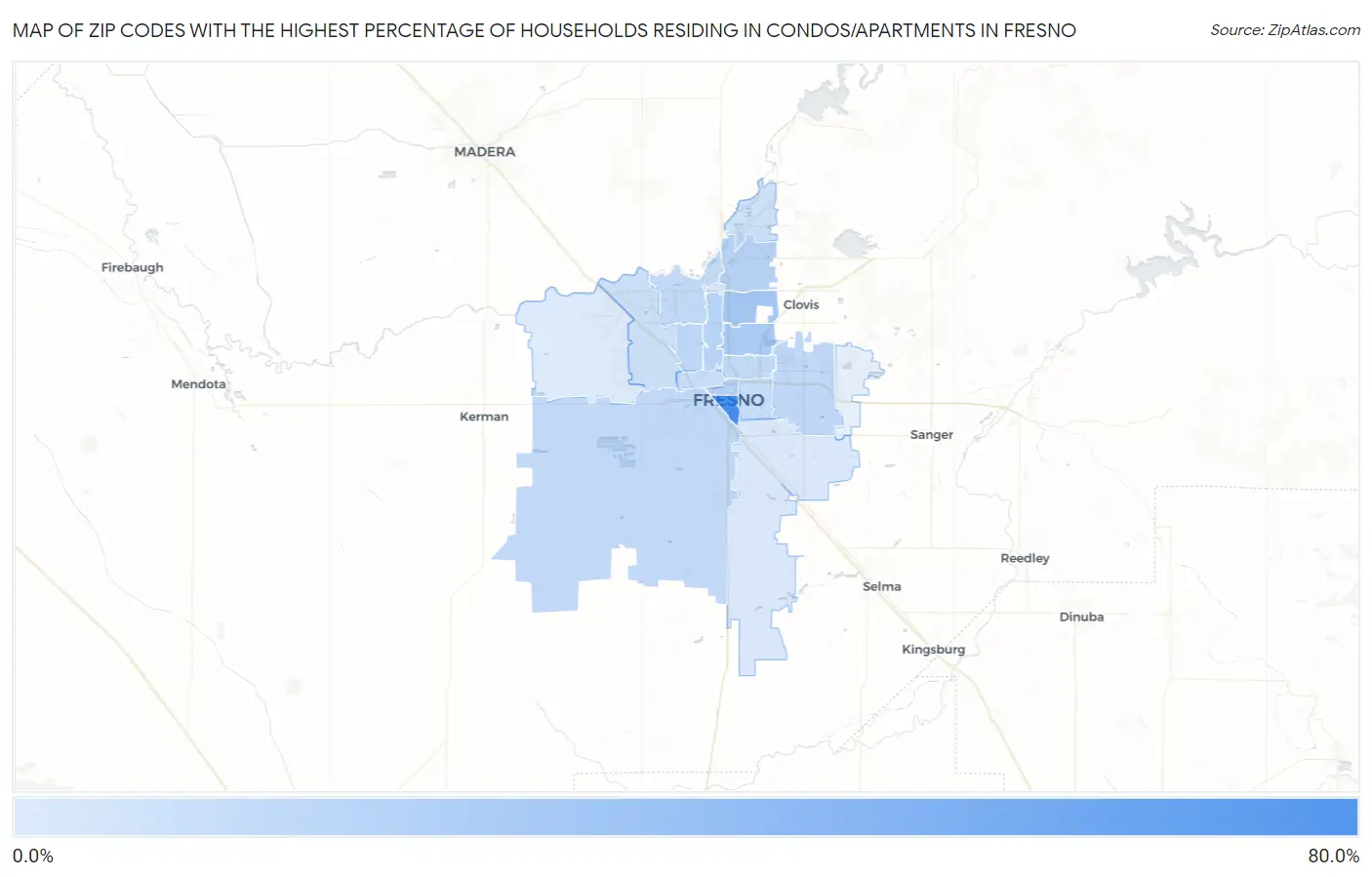 Zip Codes with the Highest Percentage of Households Residing in Condos/Apartments in Fresno Map