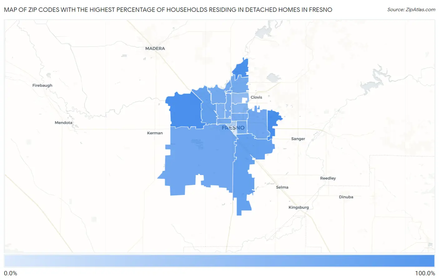Zip Codes with the Highest Percentage of Households Residing in Detached Homes in Fresno Map