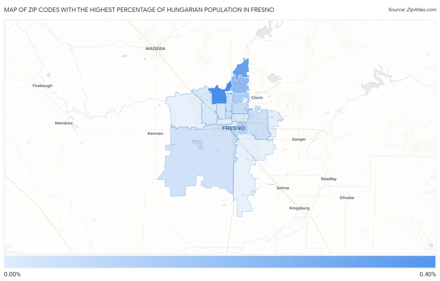 Zip Codes with the Highest Percentage of Hungarian Population in Fresno Map