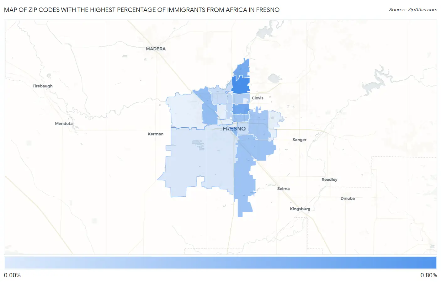 Zip Codes with the Highest Percentage of Immigrants from Africa in Fresno Map