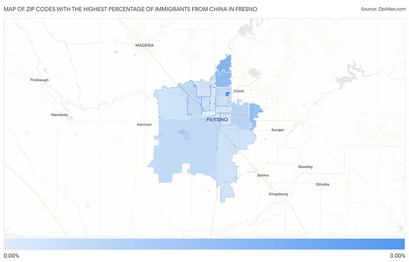 Zip Codes with the Highest Percentage of Immigrants from China in Fresno Map