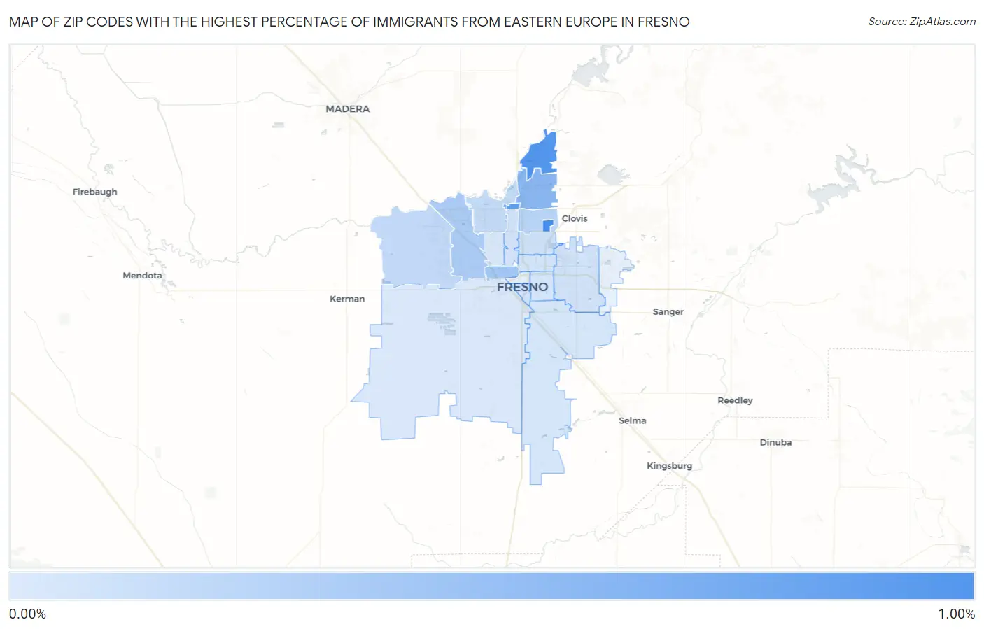 Zip Codes with the Highest Percentage of Immigrants from Eastern Europe in Fresno Map