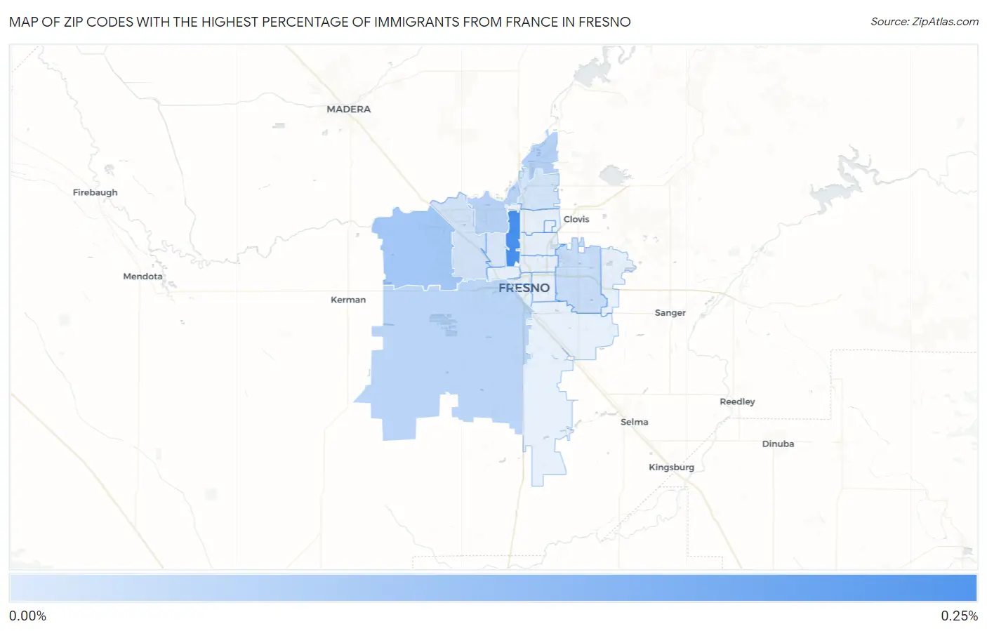 Zip Codes with the Highest Percentage of Immigrants from France in Fresno Map
