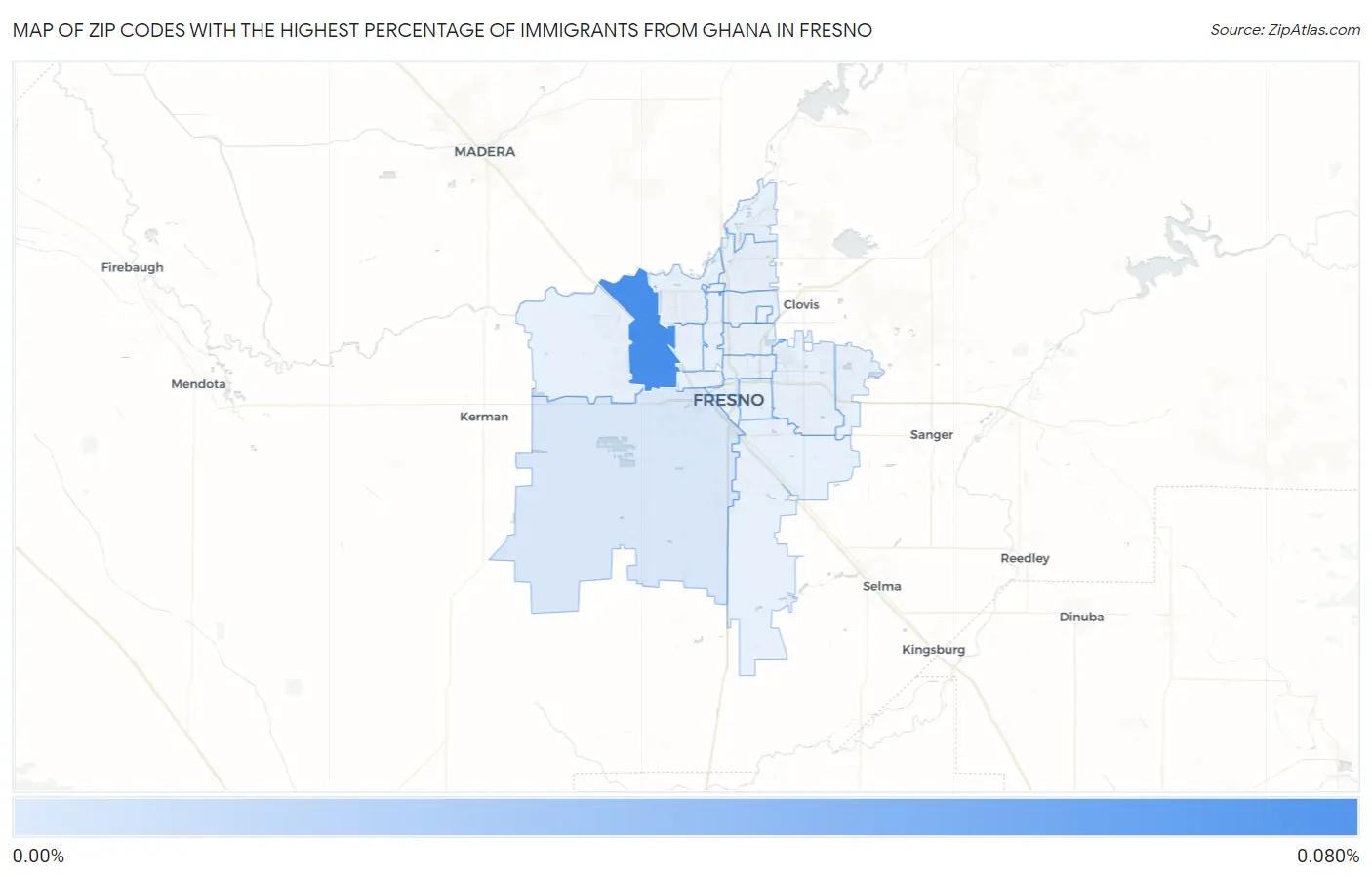 Zip Codes with the Highest Percentage of Immigrants from Ghana in Fresno Map