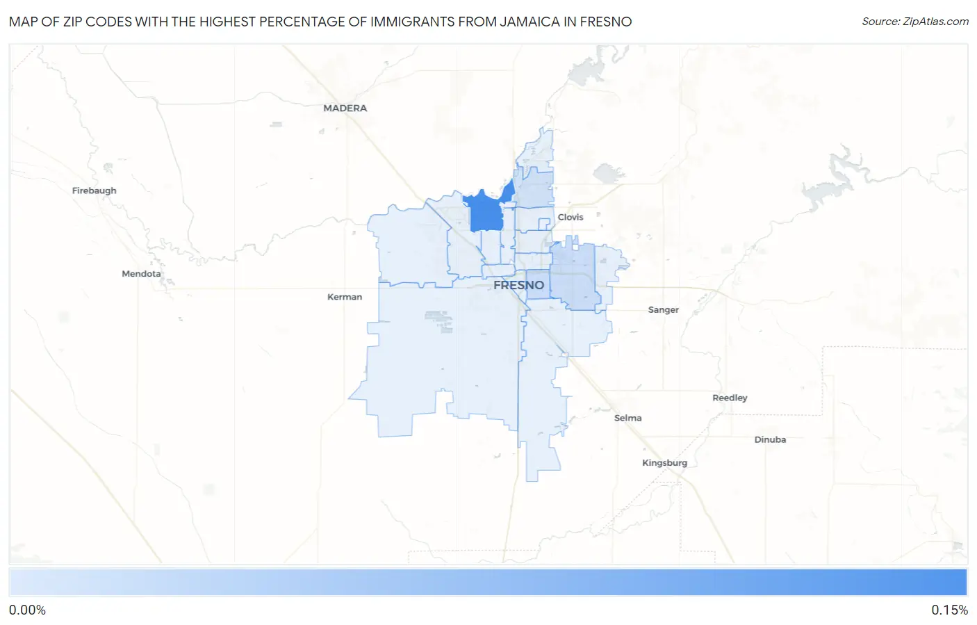 Zip Codes with the Highest Percentage of Immigrants from Jamaica in Fresno Map