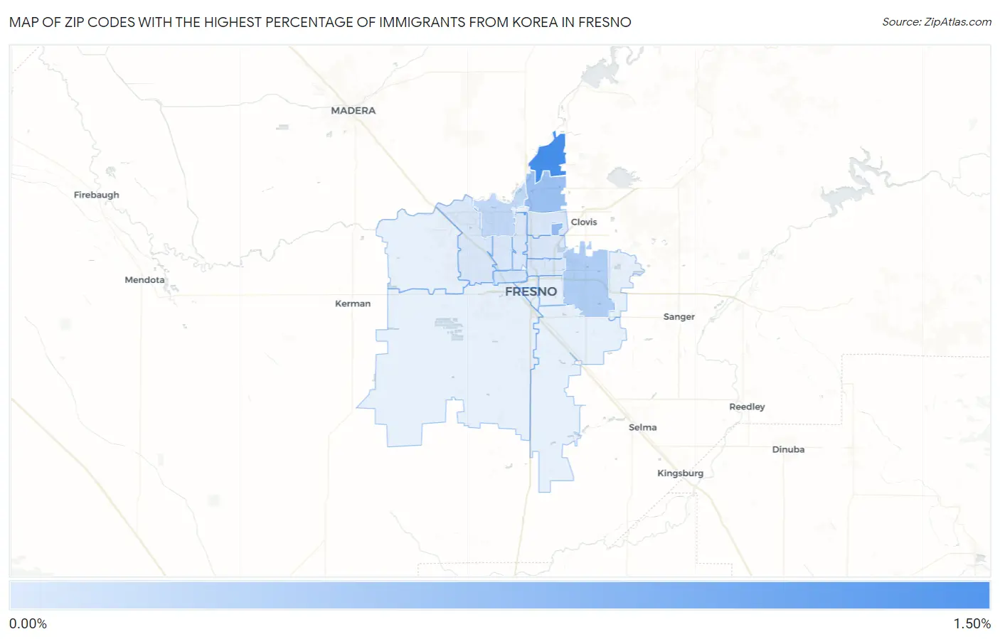 Zip Codes with the Highest Percentage of Immigrants from Korea in Fresno Map