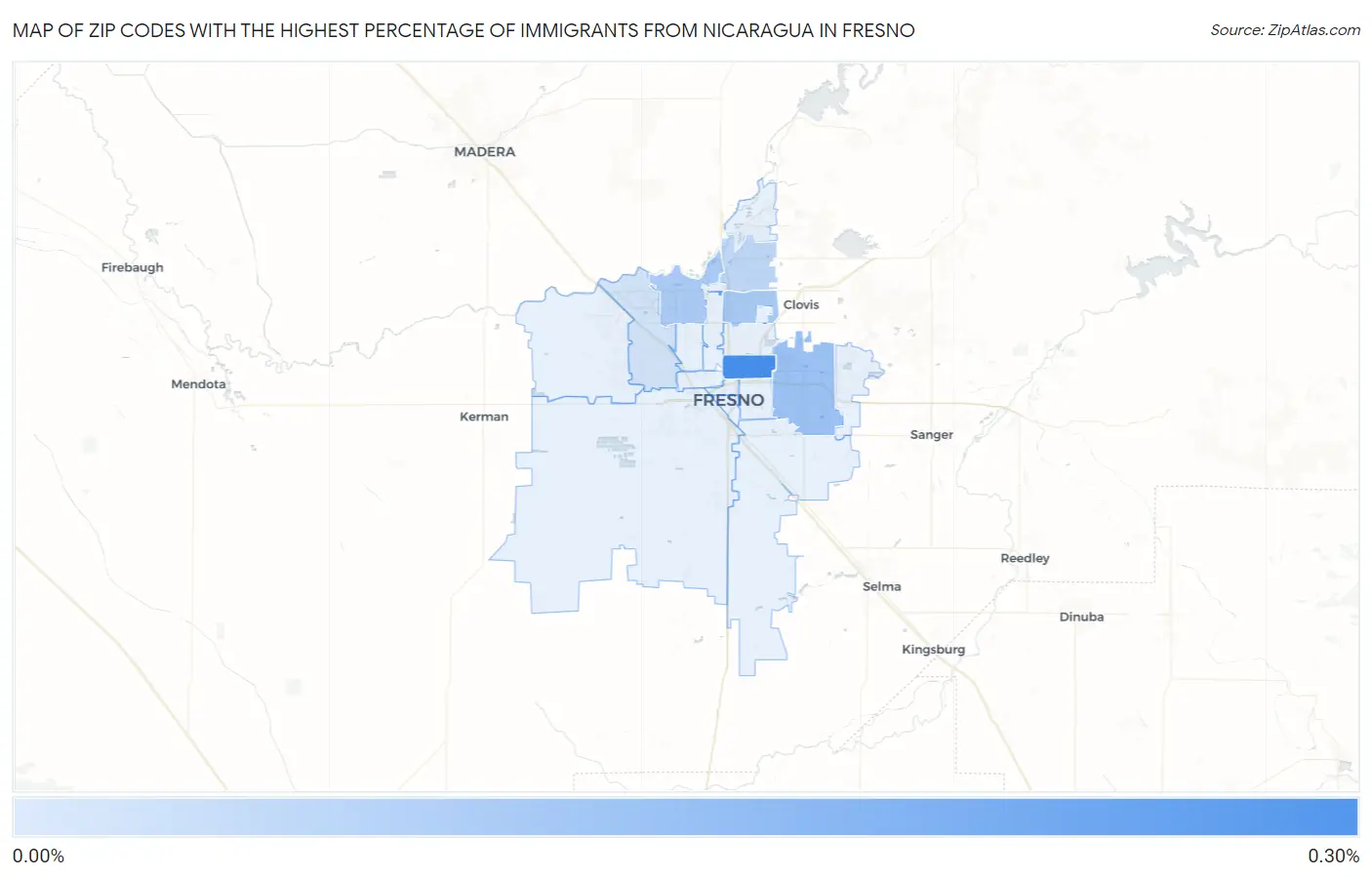 Zip Codes with the Highest Percentage of Immigrants from Nicaragua in Fresno Map