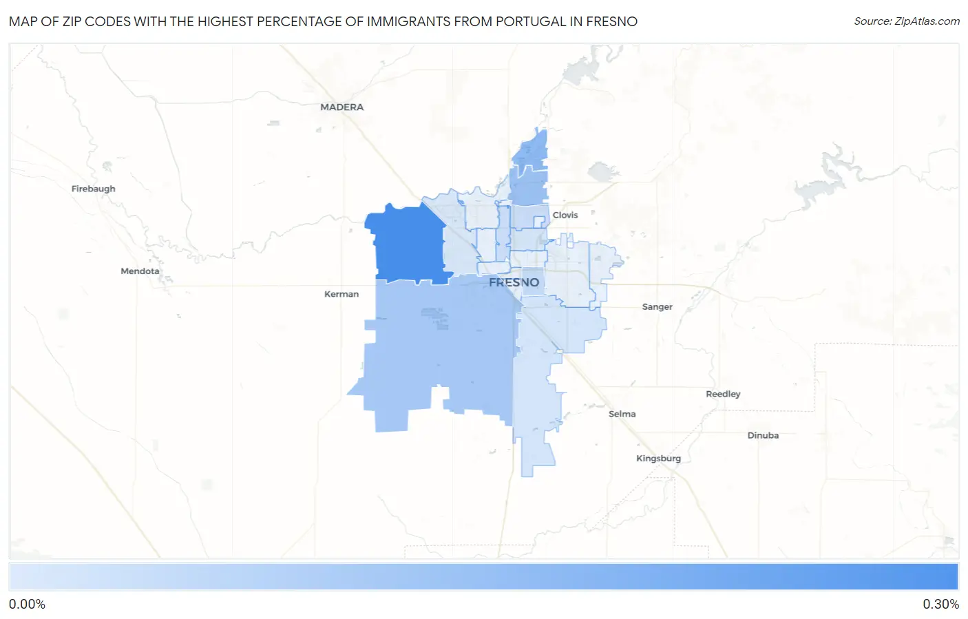 Zip Codes with the Highest Percentage of Immigrants from Portugal in Fresno Map