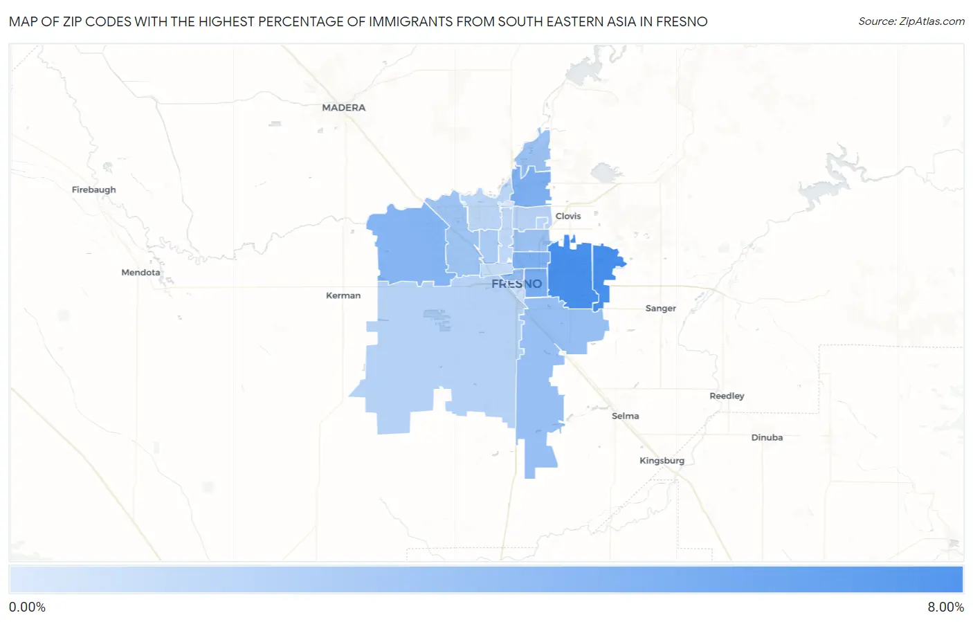 Zip Codes with the Highest Percentage of Immigrants from South Eastern Asia in Fresno Map