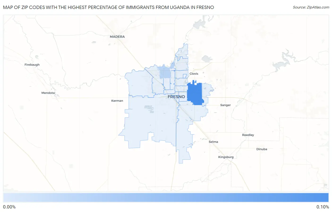 Zip Codes with the Highest Percentage of Immigrants from Uganda in Fresno Map