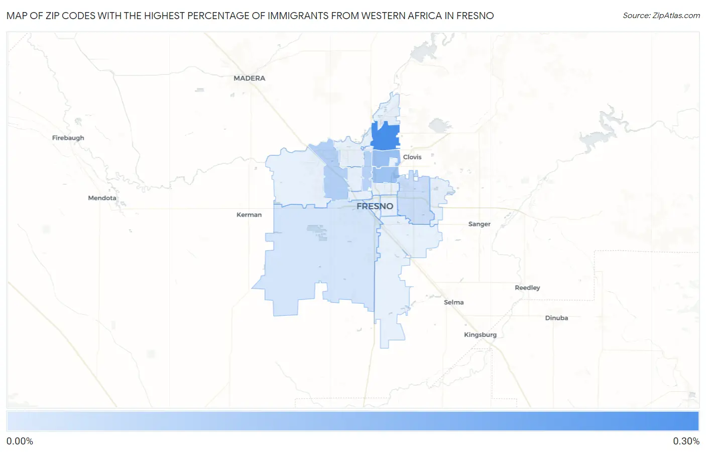 Zip Codes with the Highest Percentage of Immigrants from Western Africa in Fresno Map