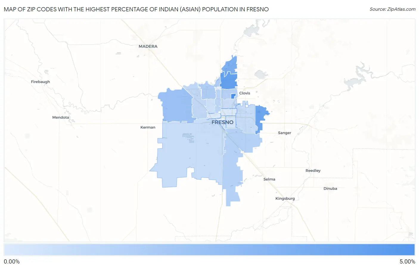 Zip Codes with the Highest Percentage of Indian (Asian) Population in Fresno Map