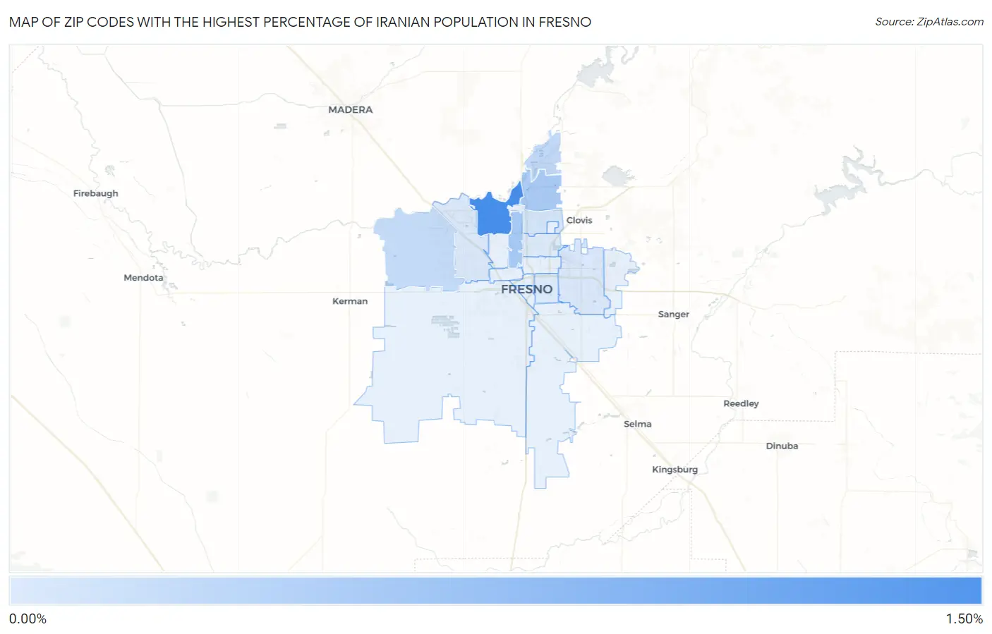 Zip Codes with the Highest Percentage of Iranian Population in Fresno Map