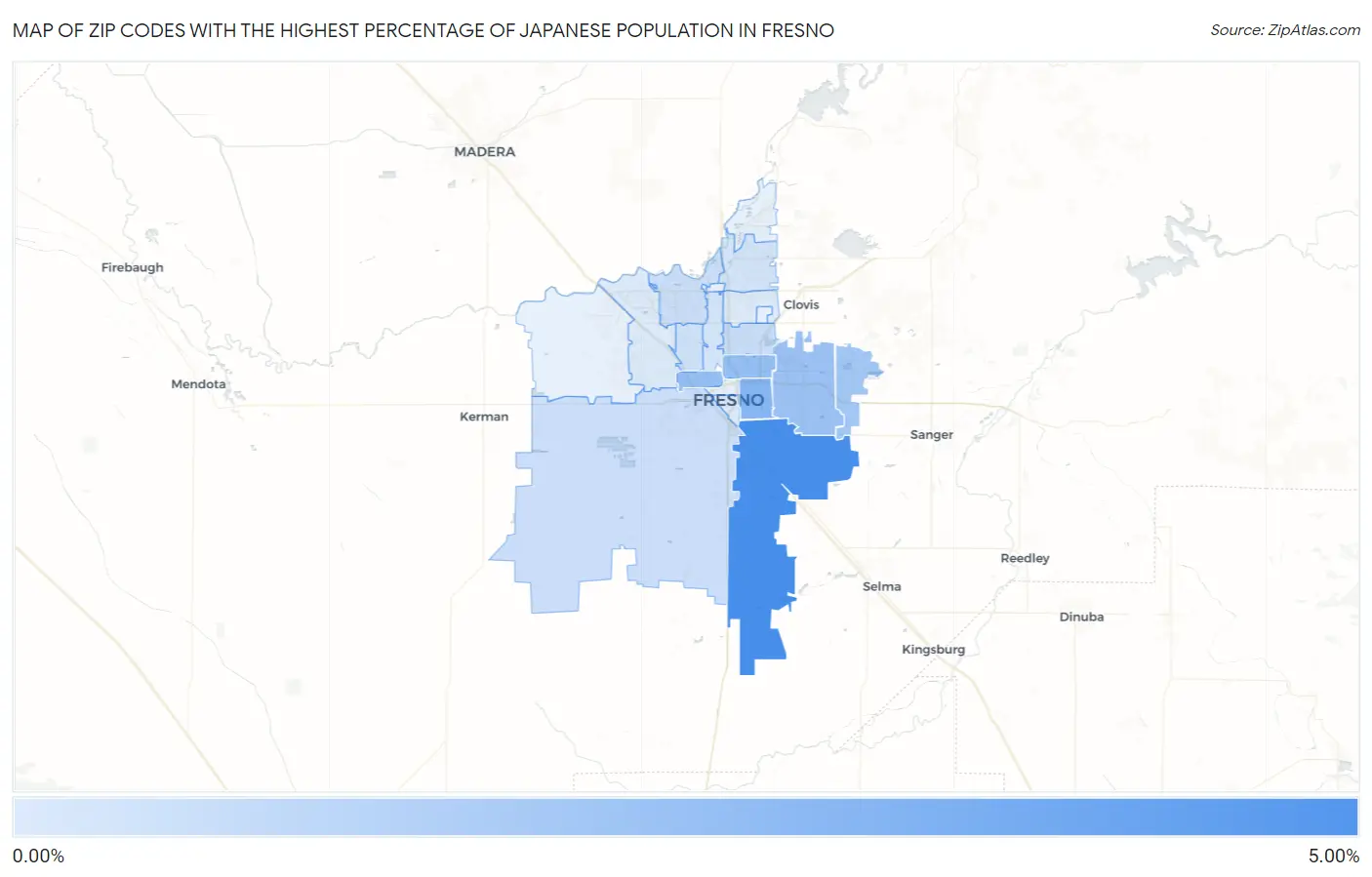 Zip Codes with the Highest Percentage of Japanese Population in Fresno Map
