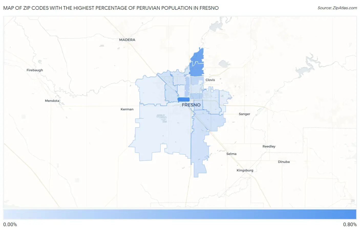 Zip Codes with the Highest Percentage of Peruvian Population in Fresno Map