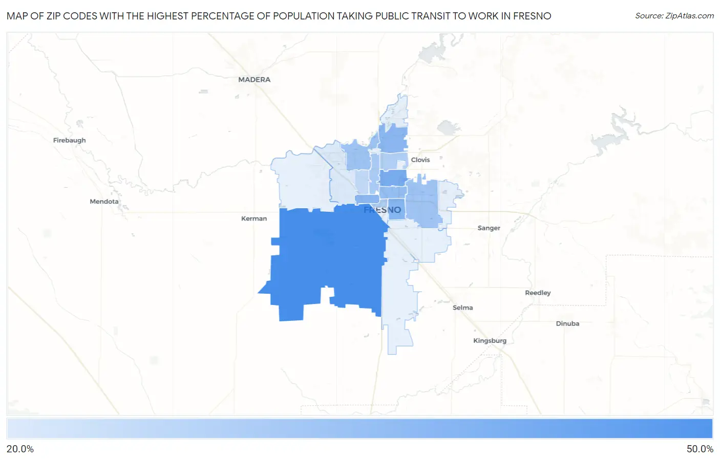 Zip Codes with the Highest Percentage of Population Taking Public Transit to Work in Fresno Map