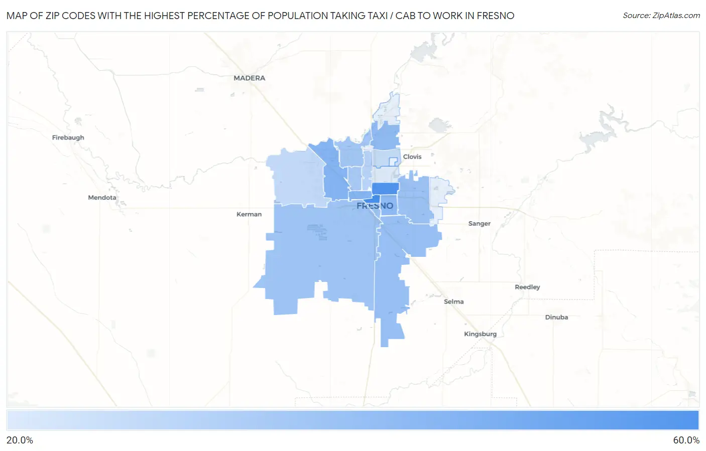Zip Codes with the Highest Percentage of Population Taking Taxi / Cab to Work in Fresno Map