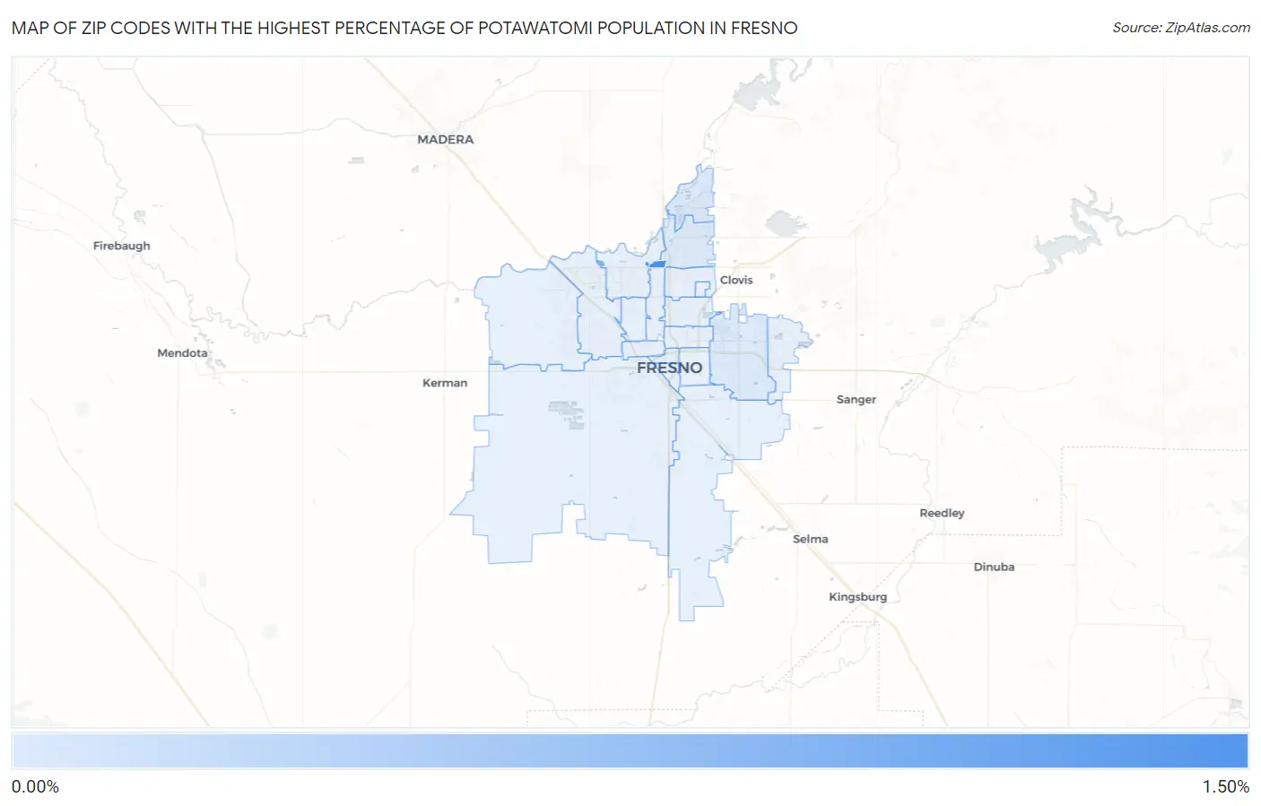 Zip Codes with the Highest Percentage of Potawatomi Population in Fresno Map