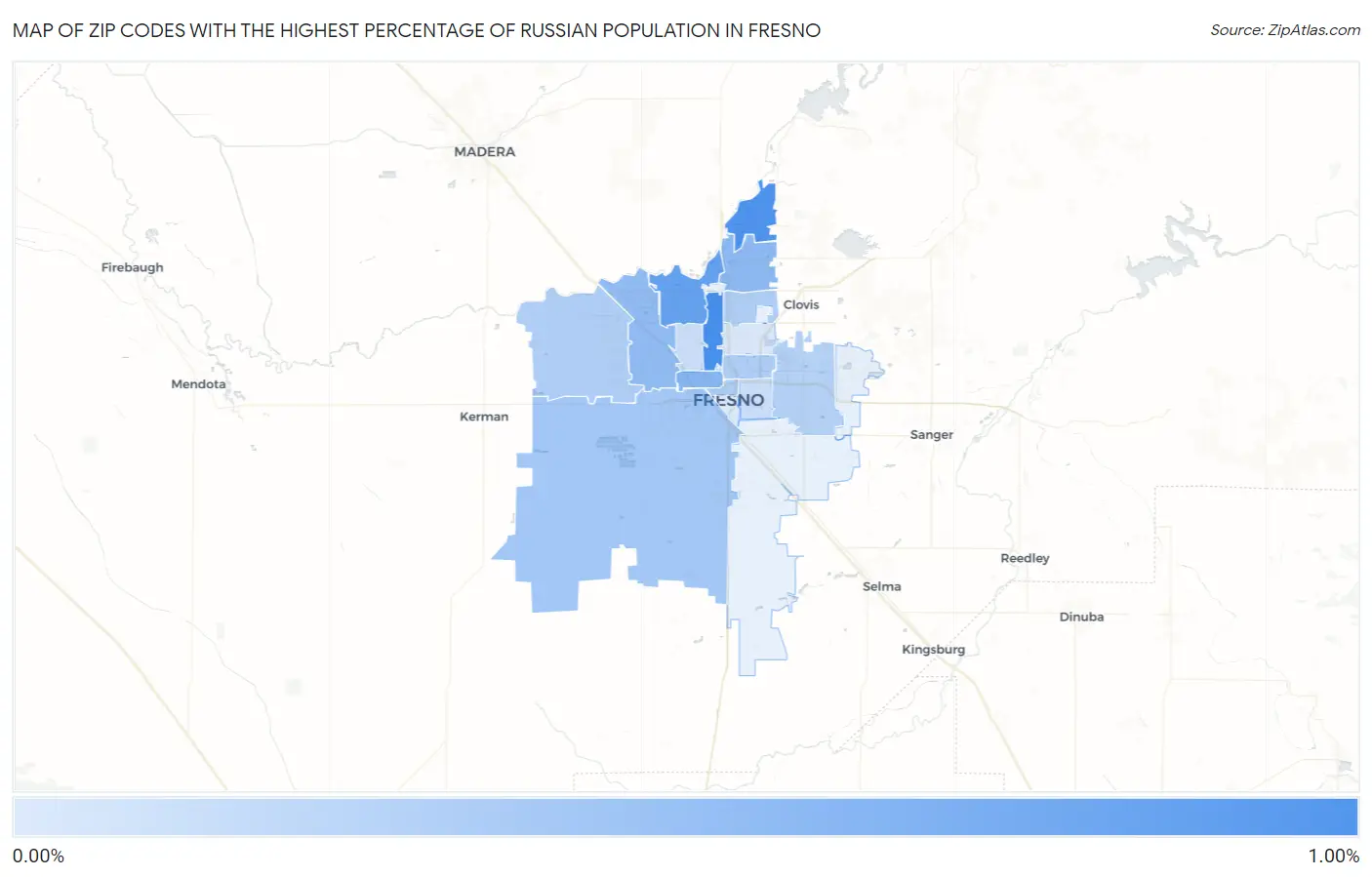 Zip Codes with the Highest Percentage of Russian Population in Fresno Map