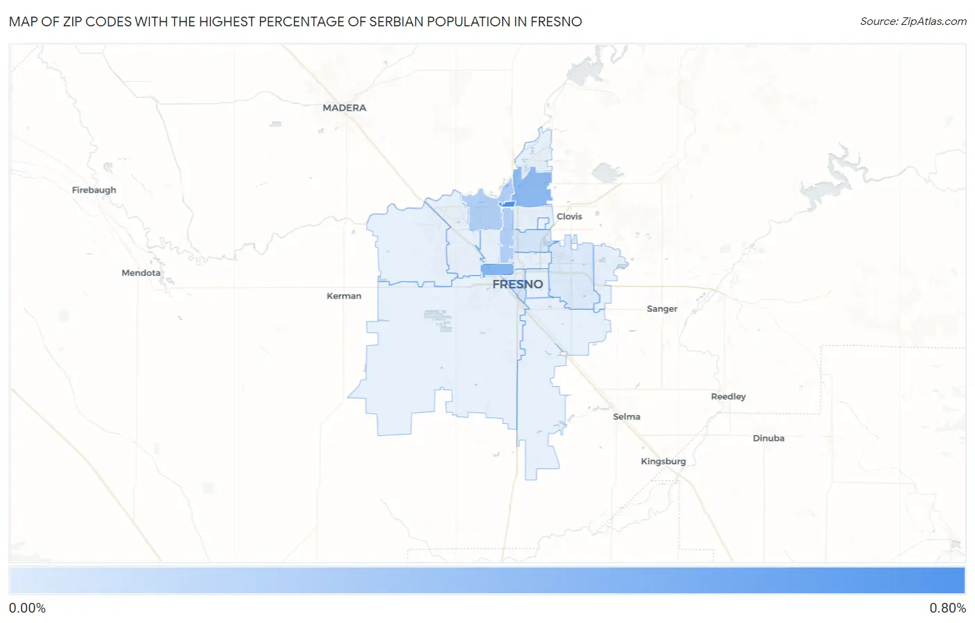 Zip Codes with the Highest Percentage of Serbian Population in Fresno Map