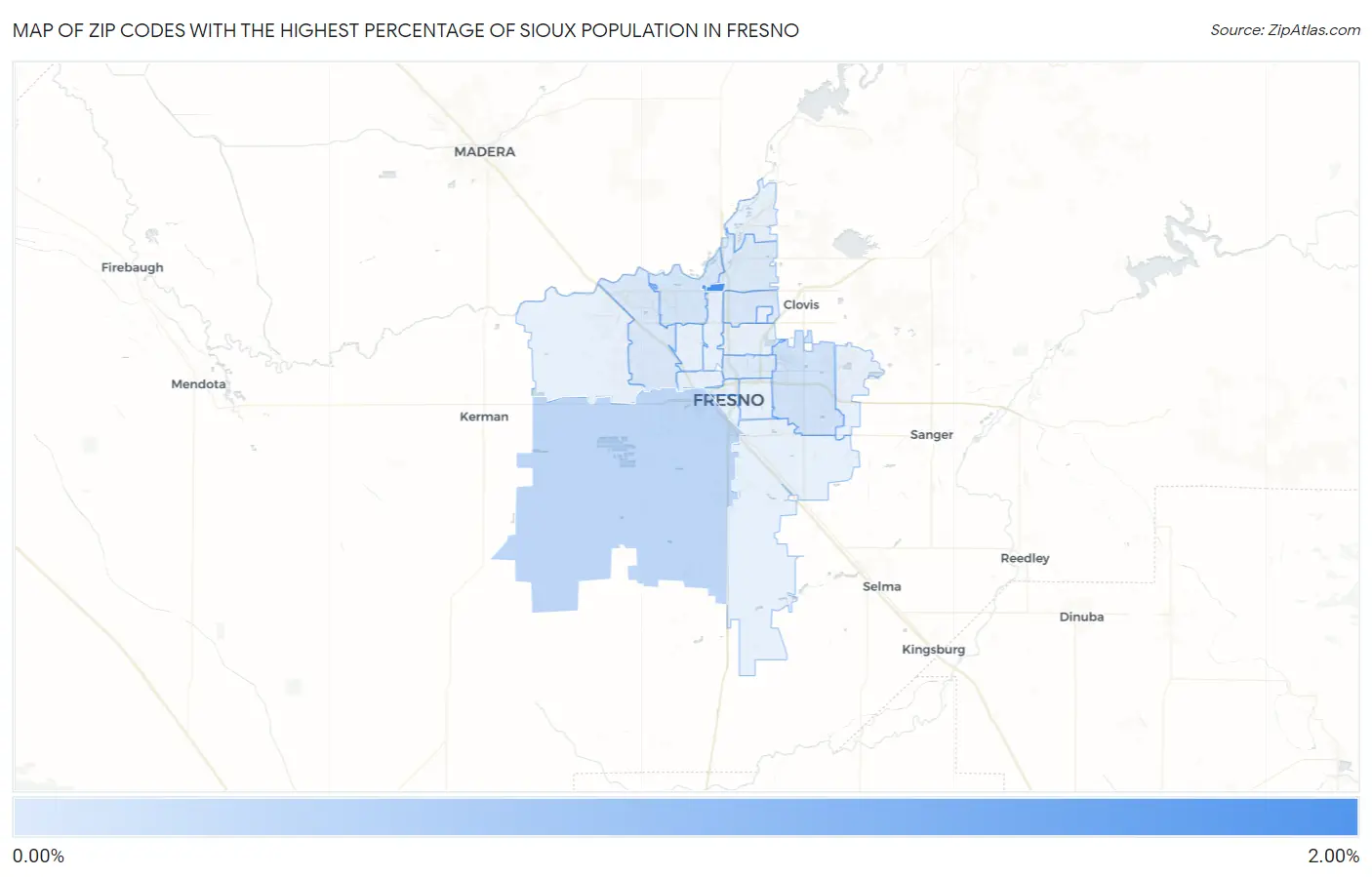 Zip Codes with the Highest Percentage of Sioux Population in Fresno Map