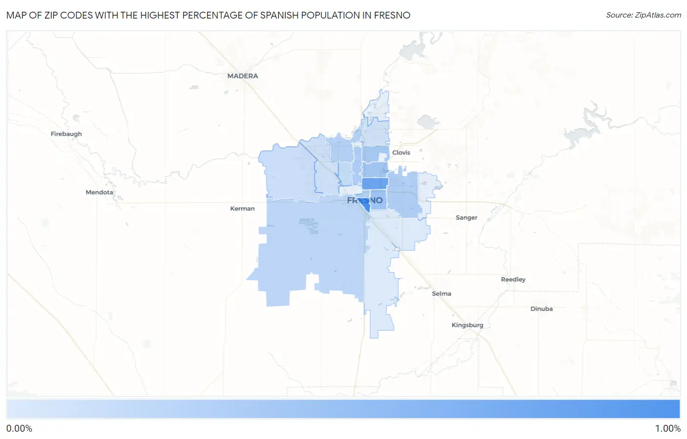 Zip Codes with the Highest Percentage of Spanish Population in Fresno Map