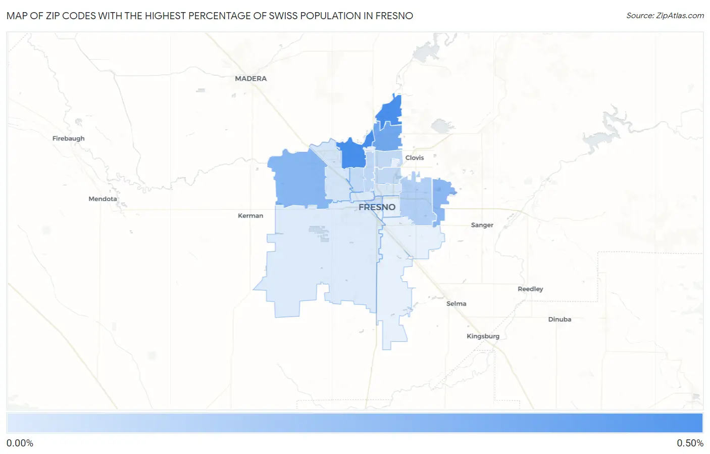 Zip Codes with the Highest Percentage of Swiss Population in Fresno Map