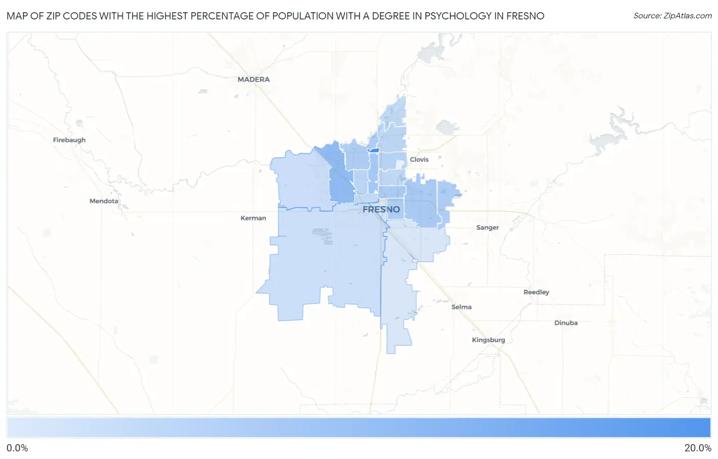 Zip Codes with the Highest Percentage of Population with a Degree in Psychology in Fresno Map