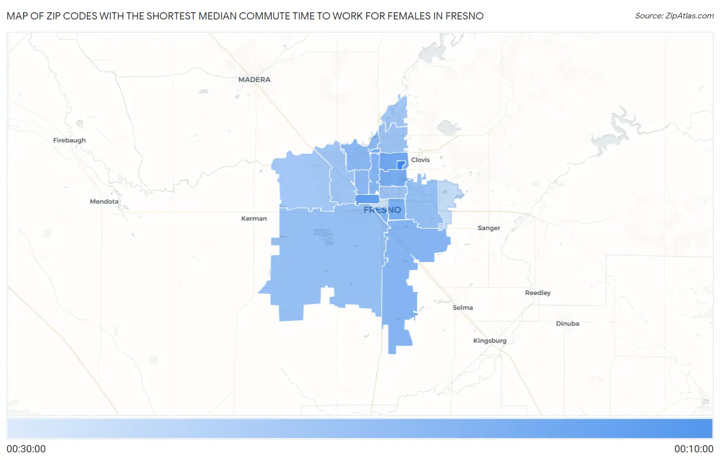 Zip Codes with the Shortest Median Commute Time to Work for Females in Fresno Map