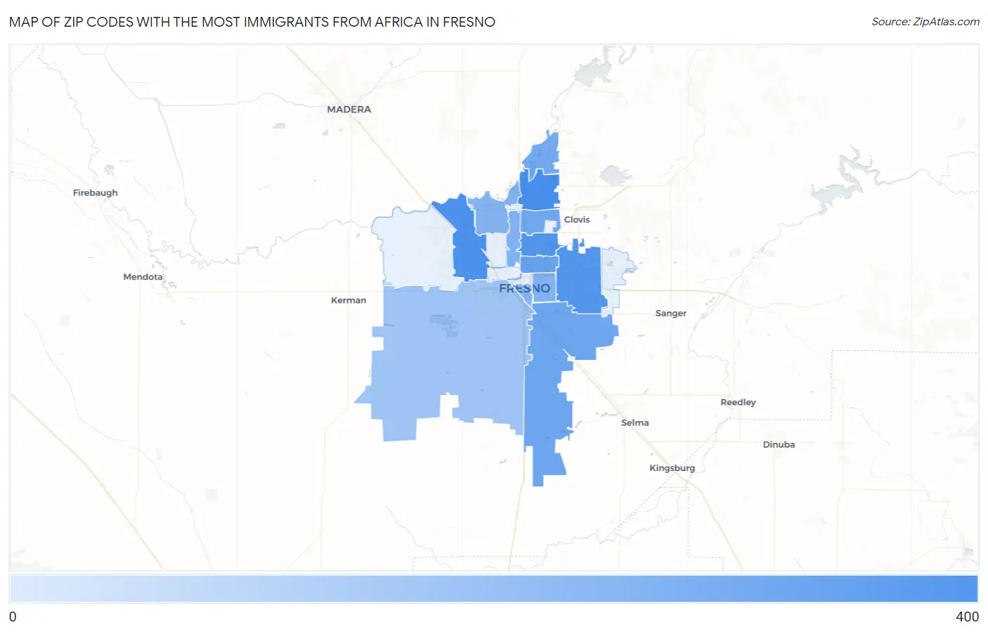 Zip Codes with the Most Immigrants from Africa in Fresno Map