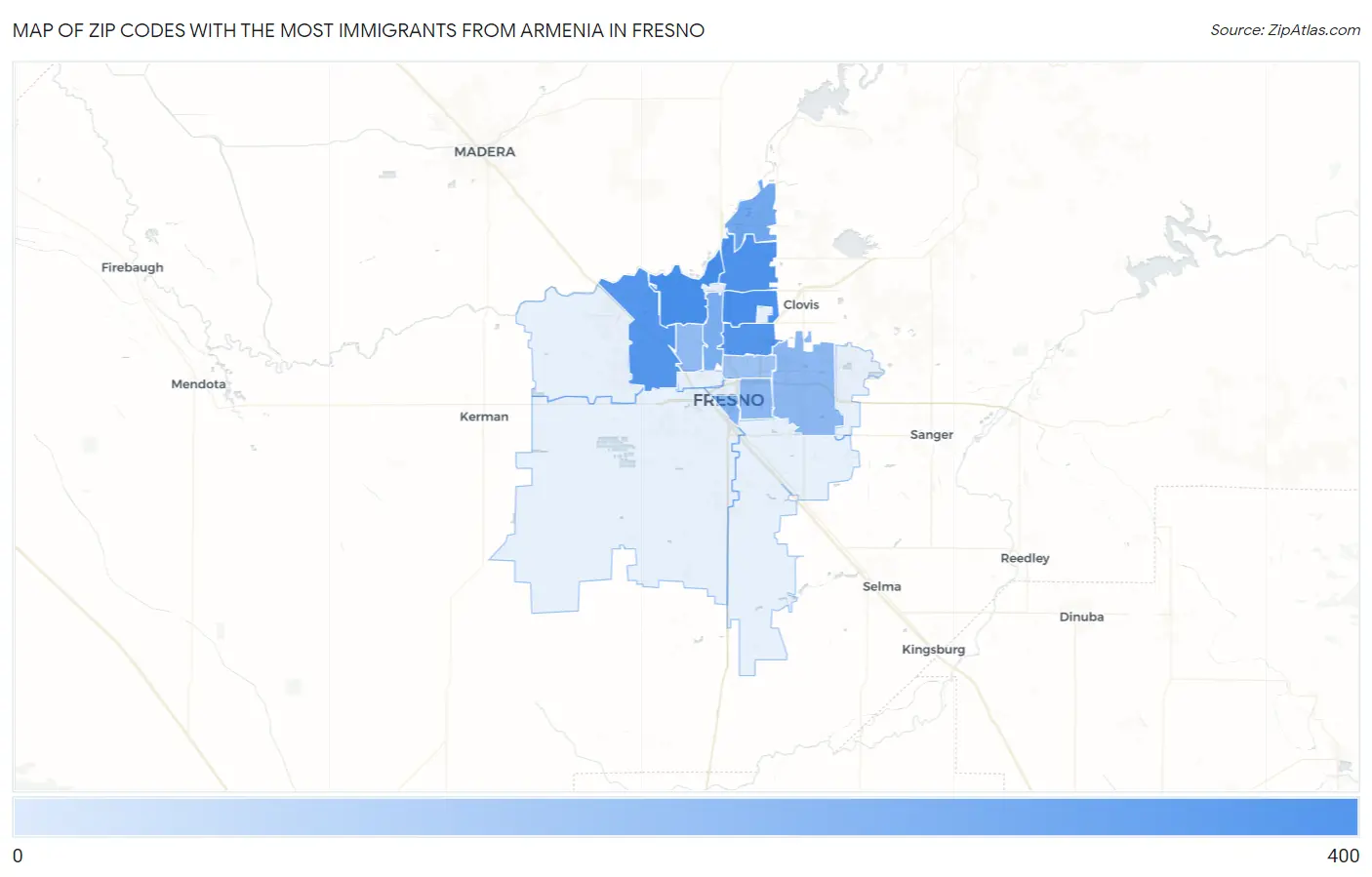 Zip Codes with the Most Immigrants from Armenia in Fresno Map