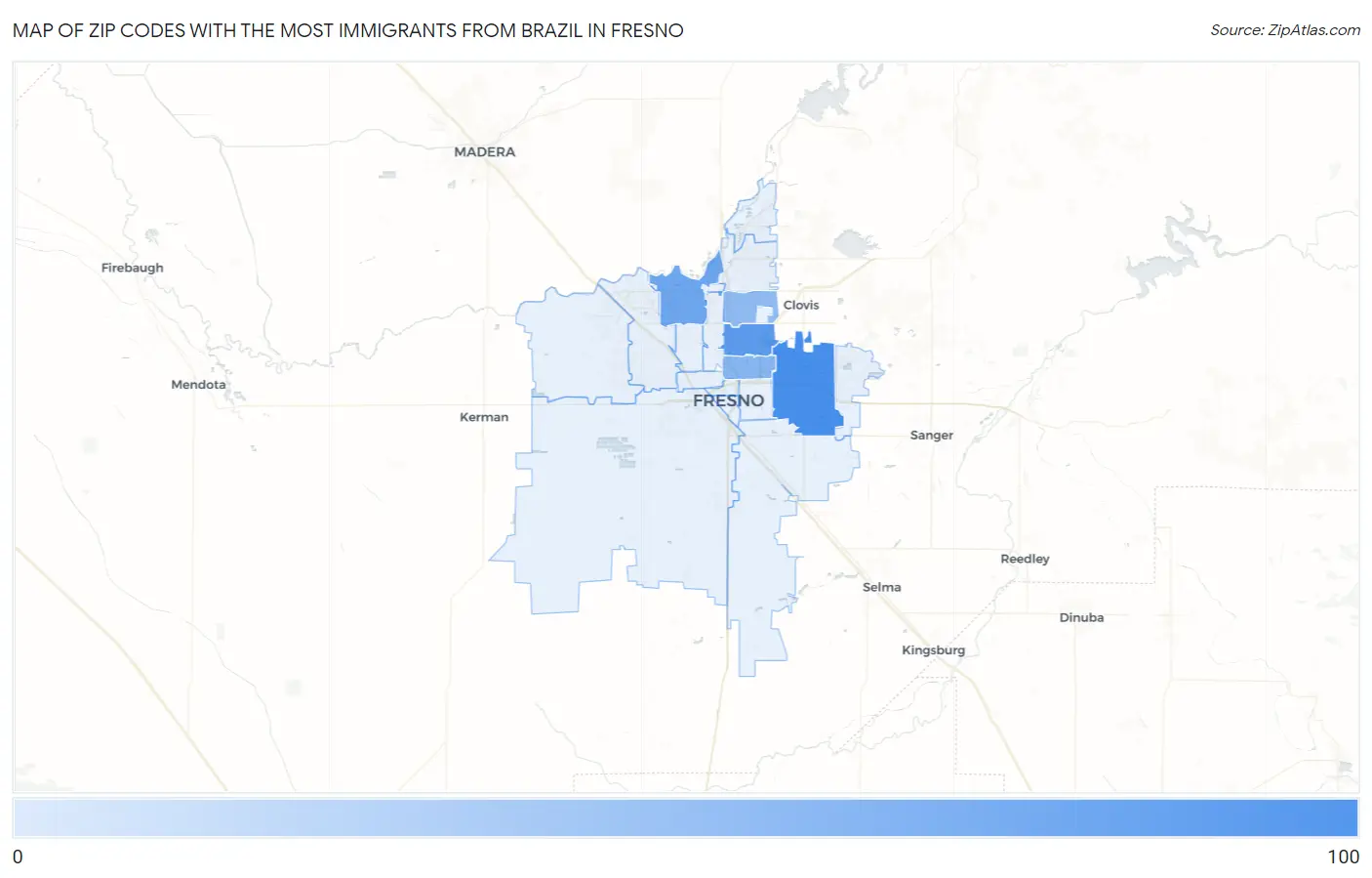 Zip Codes with the Most Immigrants from Brazil in Fresno Map