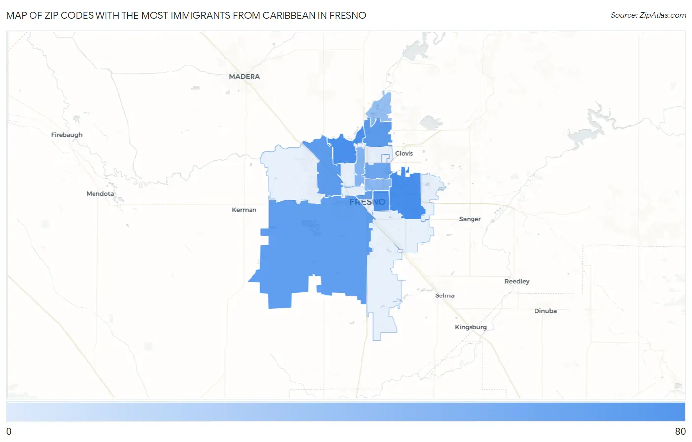 Zip Codes with the Most Immigrants from Caribbean in Fresno Map
