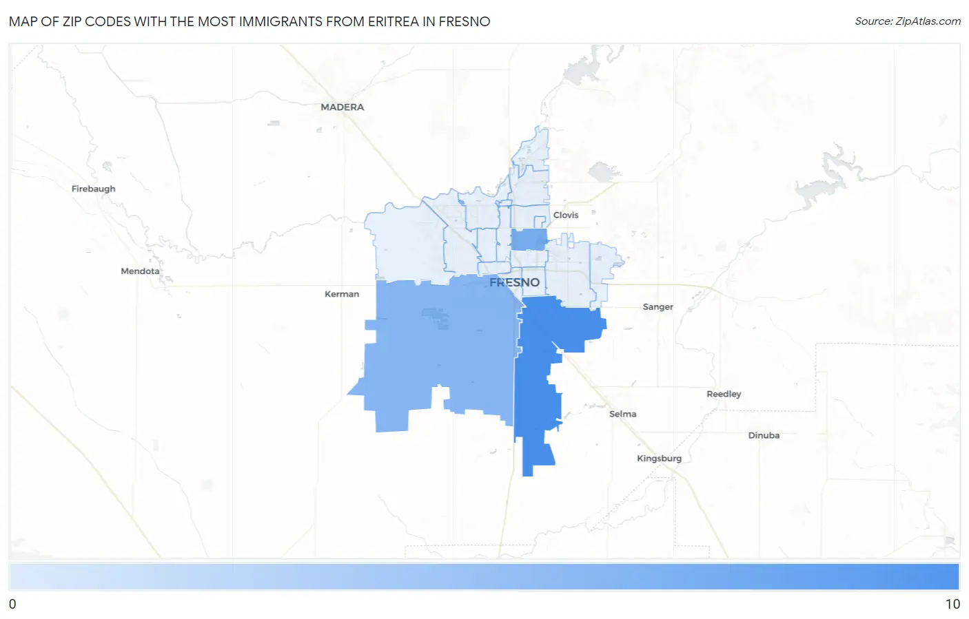 Zip Codes with the Most Immigrants from Eritrea in Fresno Map