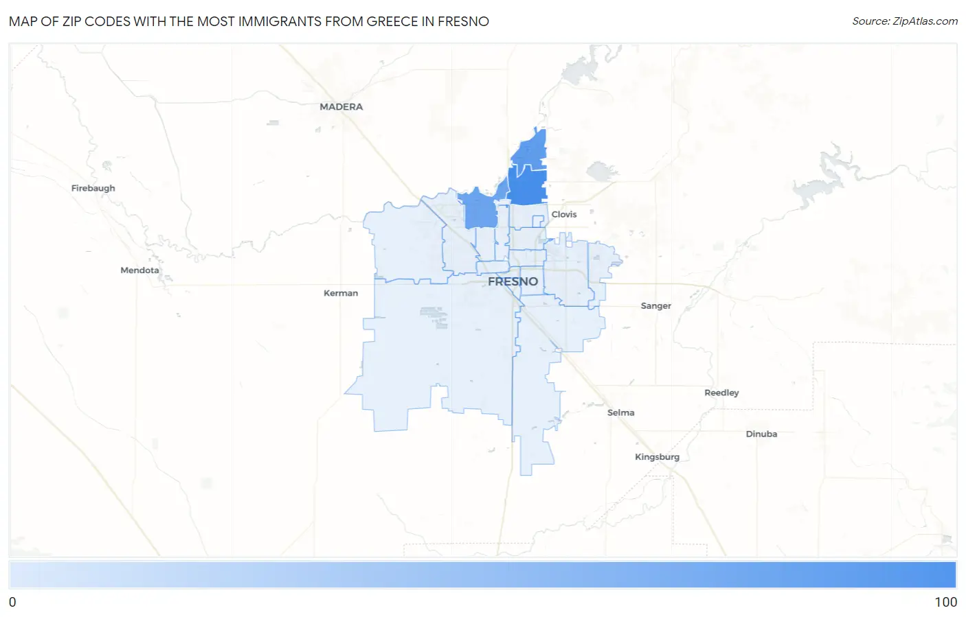 Zip Codes with the Most Immigrants from Greece in Fresno Map
