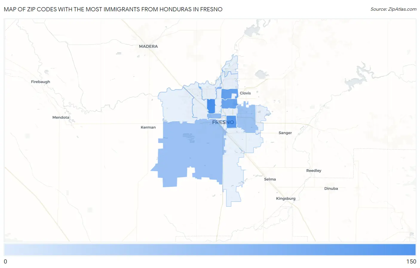 Zip Codes with the Most Immigrants from Honduras in Fresno Map