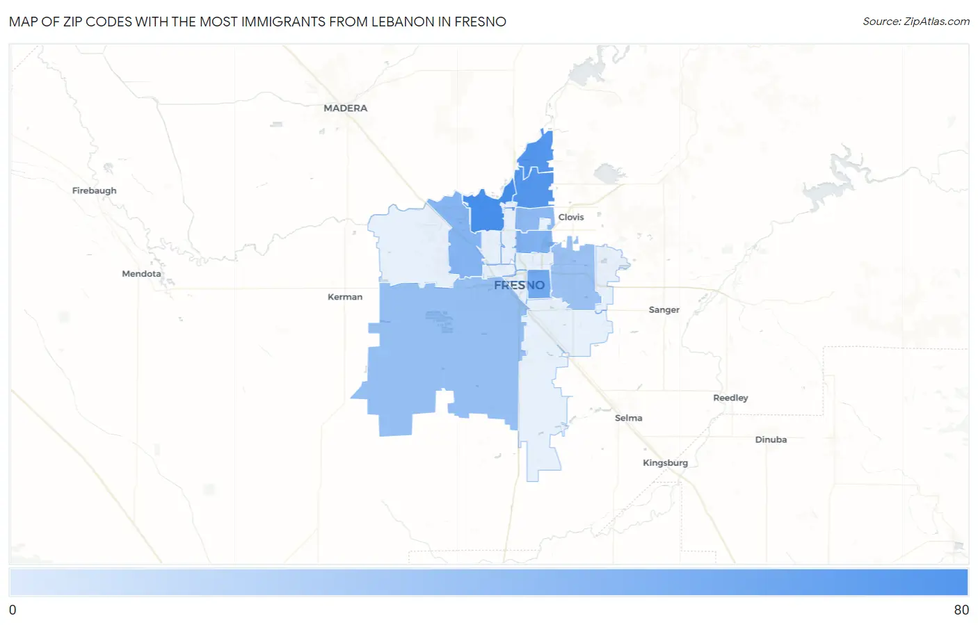 Zip Codes with the Most Immigrants from Lebanon in Fresno Map