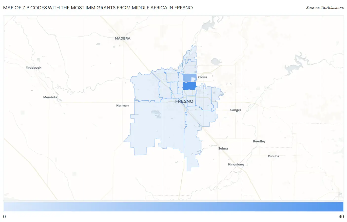 Zip Codes with the Most Immigrants from Middle Africa in Fresno Map