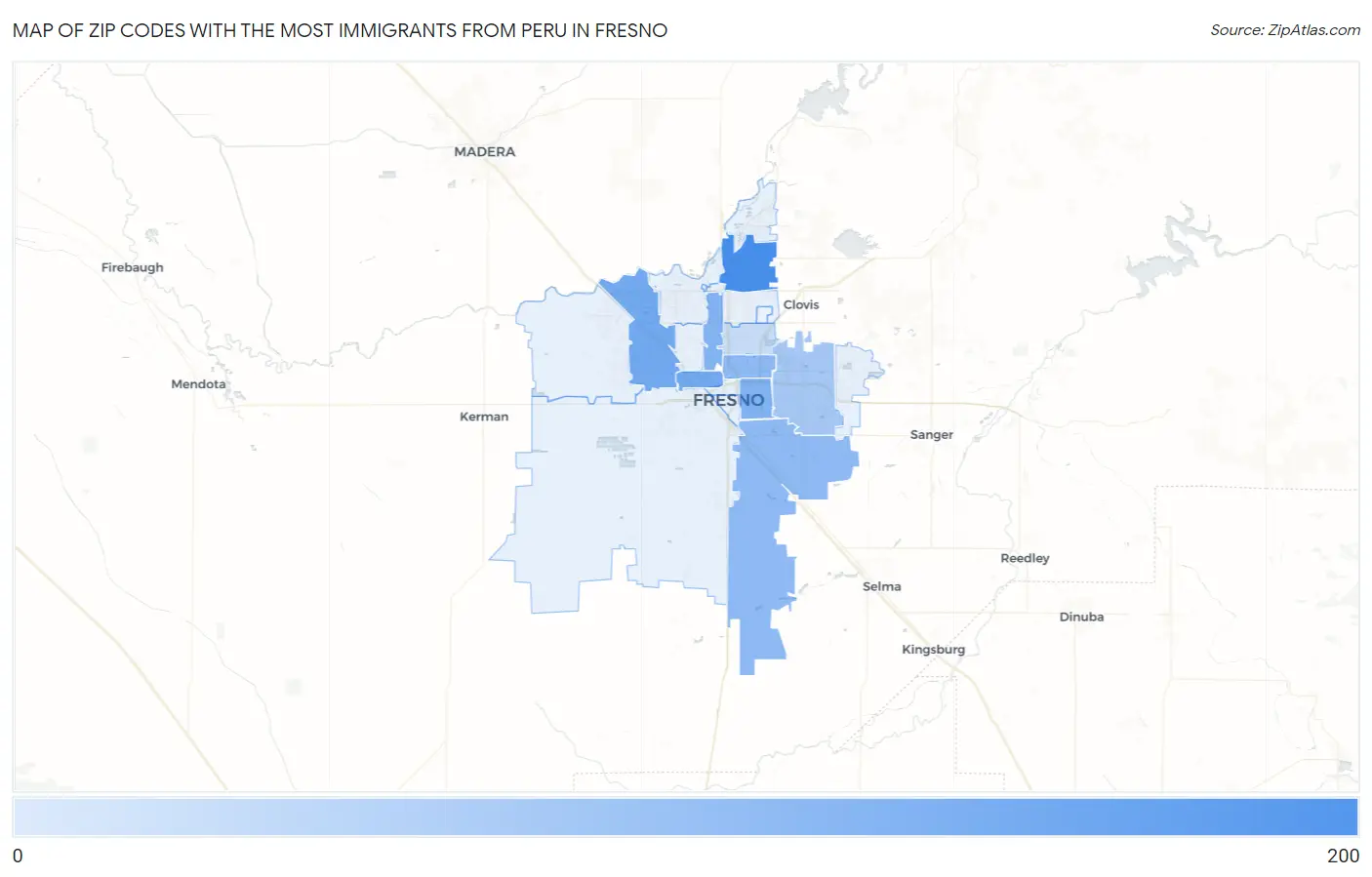 Zip Codes with the Most Immigrants from Peru in Fresno Map