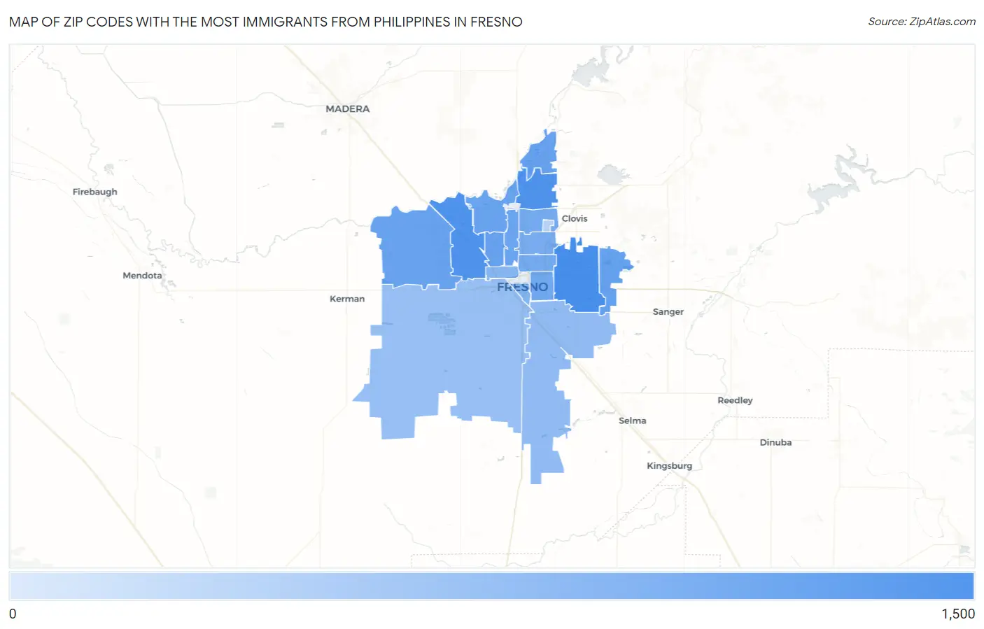 Zip Codes with the Most Immigrants from Philippines in Fresno Map