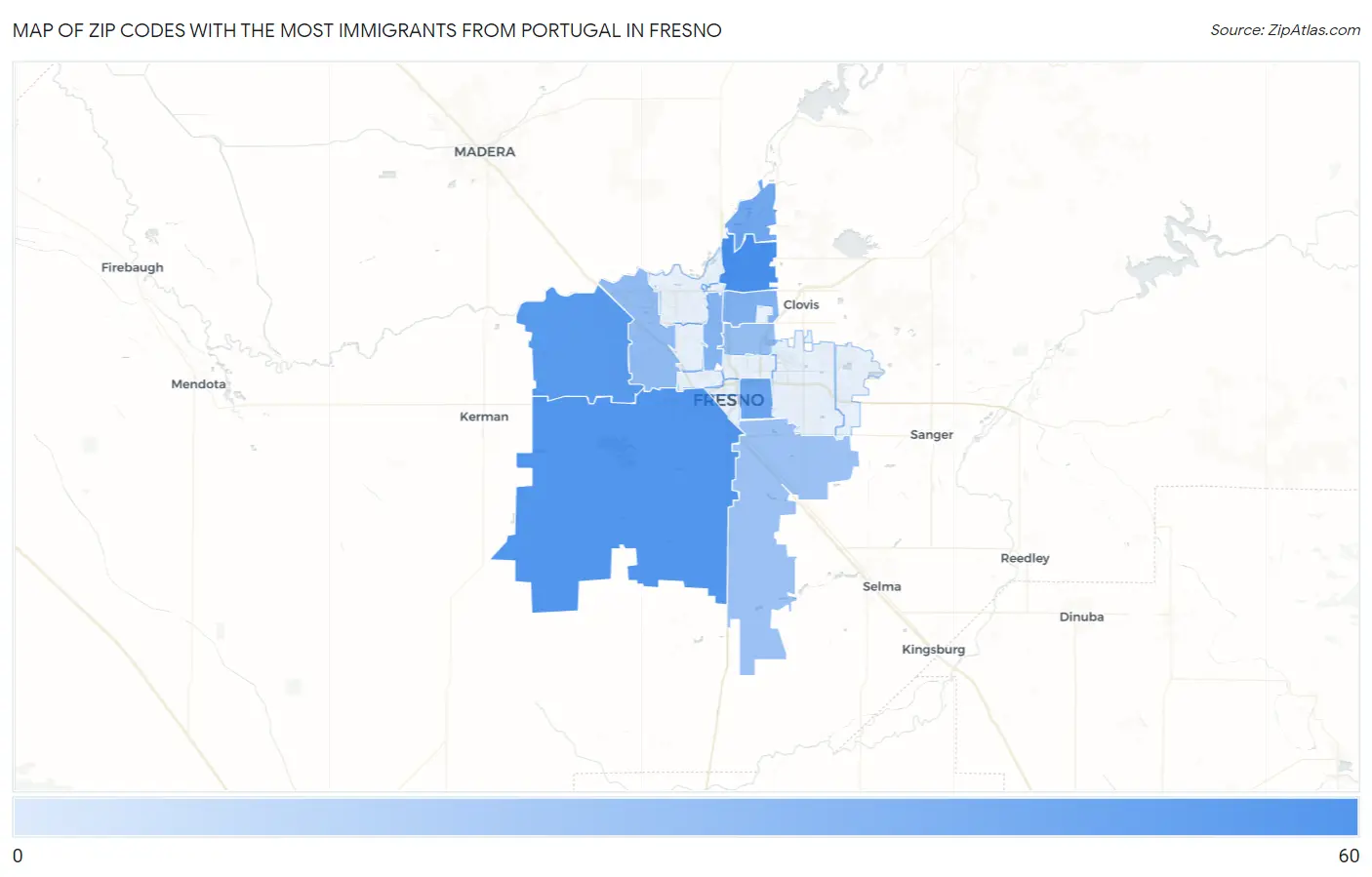 Zip Codes with the Most Immigrants from Portugal in Fresno Map
